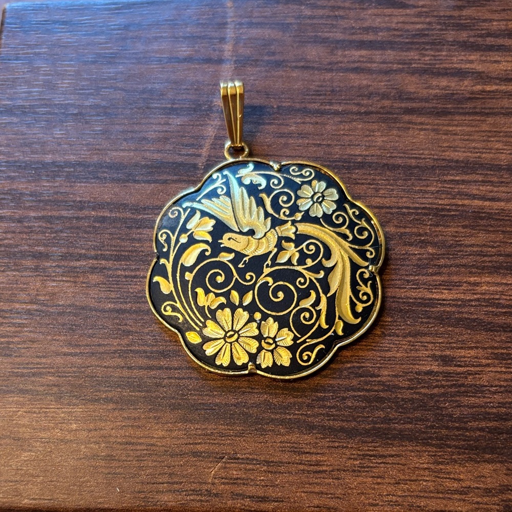 Vintage Spanish Damascene Pendant Necklace Large Gold Filigree Swallow Pendant